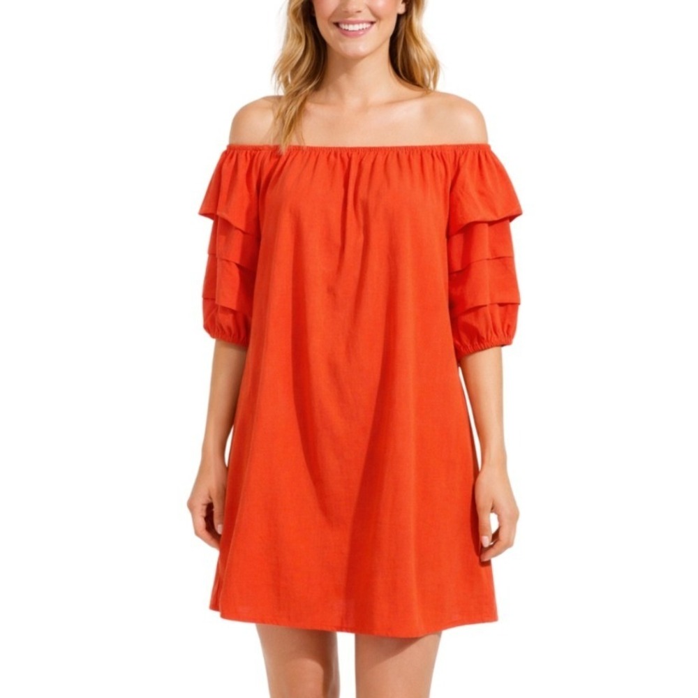 Elodie Womens Off The Shoulder Tiered Ruffle Sleeve Mini Shift Dress Red Size XS